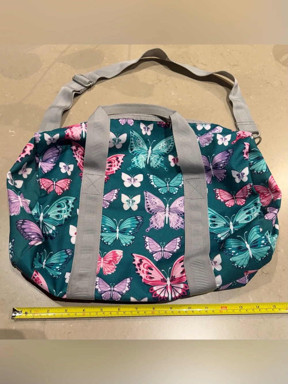 Pottery Barn Kids Mackenzie Duffel Bag Teal Butterfly Print Tote  Gray Straps